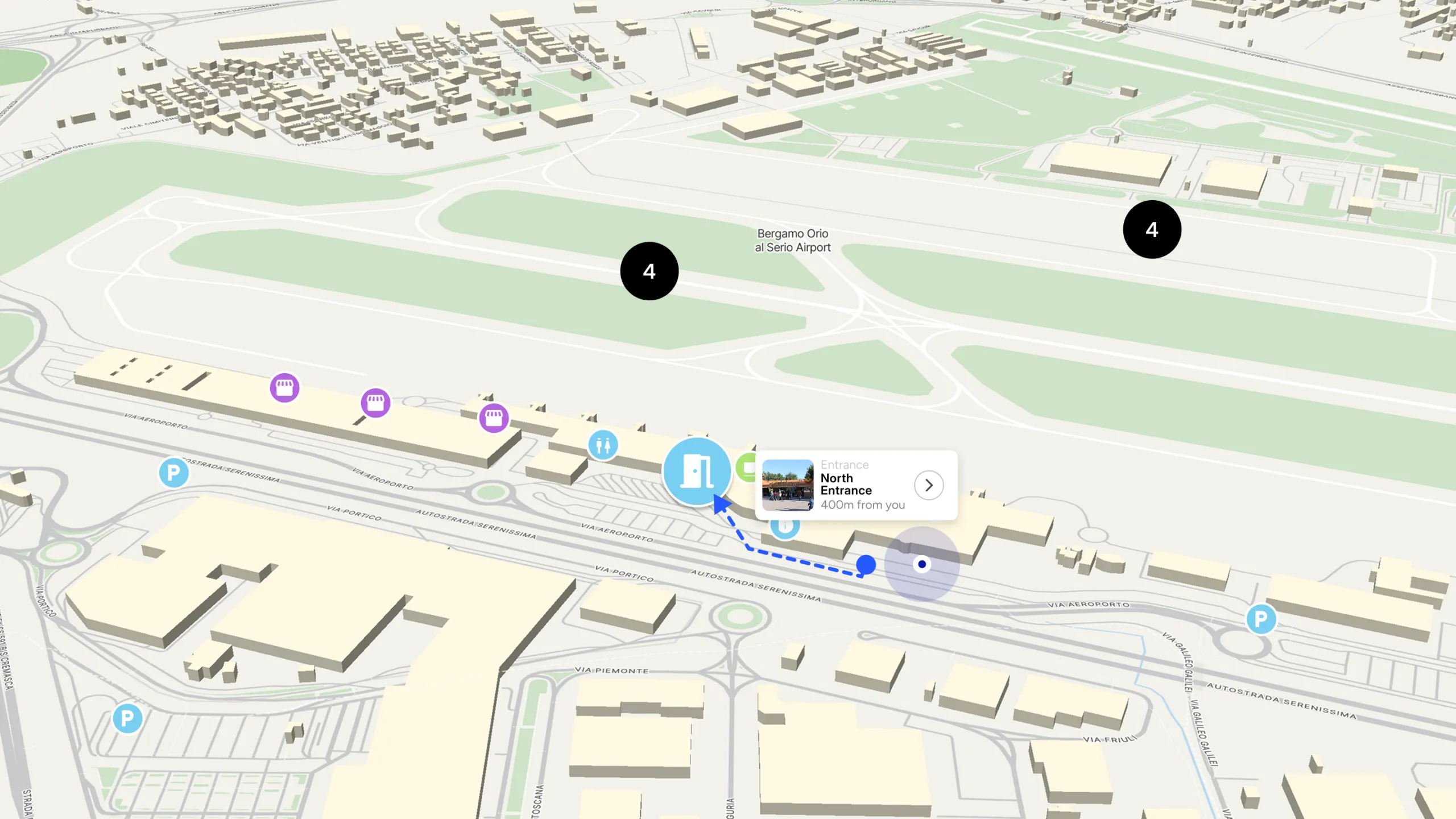 Schermata della mappa 3D dove viene utilizzata la funzionalità wayfinding per ottenere un percorso ottimizzato